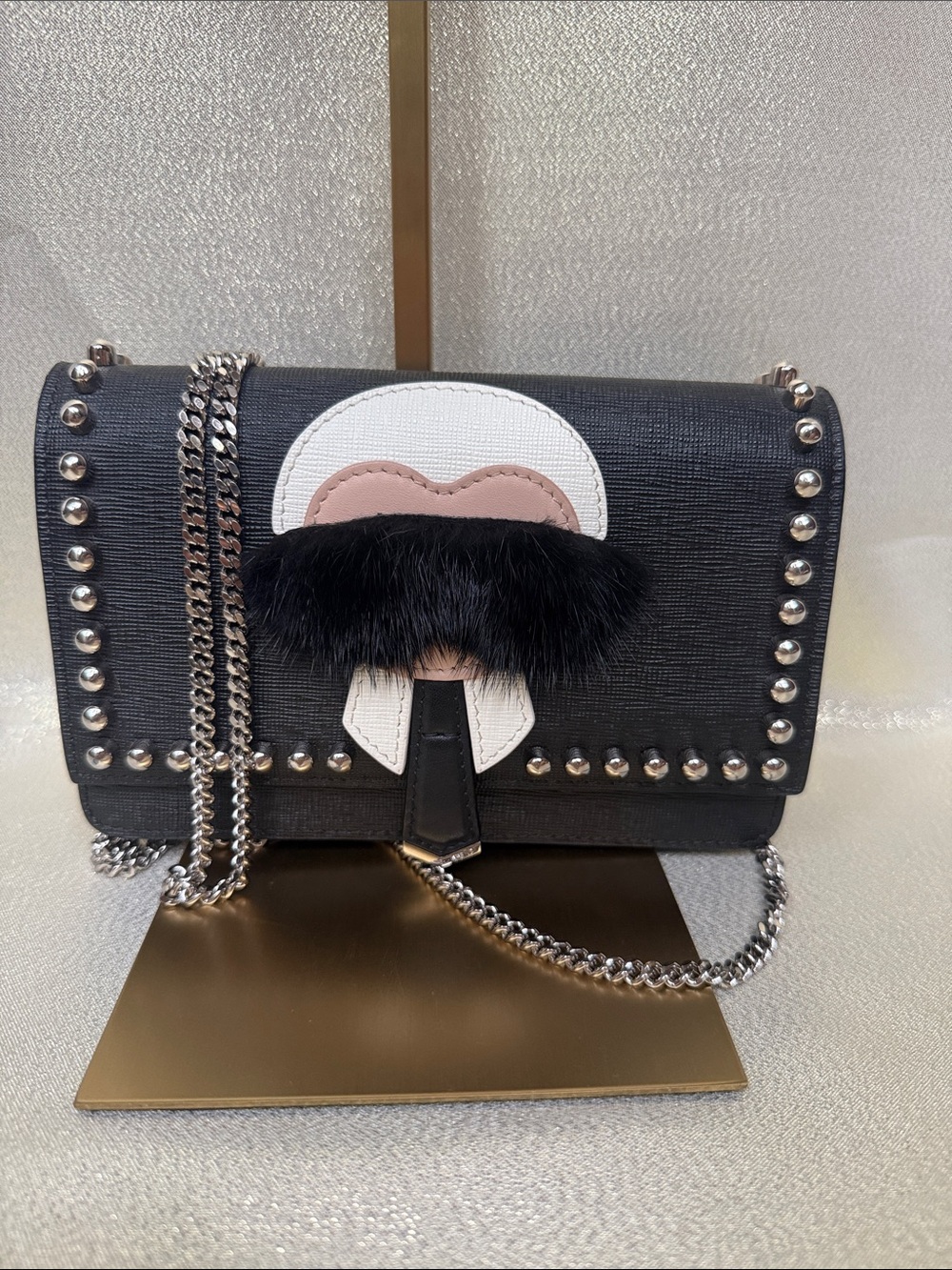 Karl Lagerfeld Black Crossbody with Faux Fur Trim and Silver Studs